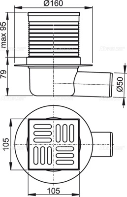 ALCAPLAST APV31-BL-01 Трап сливной 105x105/50 мм боковой сток, решетка из нержавеющей стали, гидрозатвор комбинированный SMART - фото2