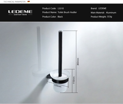 Ledeme L5510 Туалетный ершик, авиационный алюминий + стекло, черный - фото2