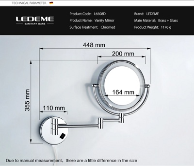 Ledeme L6508D Зеркало ванной увеличительное, с LED подсветкой, латунь, хром, 8 дюймов - фото3