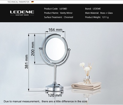 Ledeme L6708D Зеркало ванной увеличительное, с LED подсветкой, латунь, хром, 8 дюймов - фото2