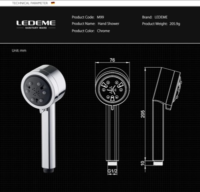 Ledeme M99 Душевая лейка 5 режимов, 